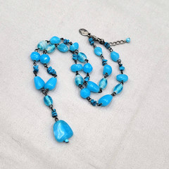 Signed Express Blue Art Glass Bead Y Drop Necklace 18″ adj