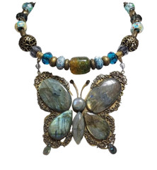 Gemstone Labradorite Big Bronze Healing Butterfly Necklace One of a Kind