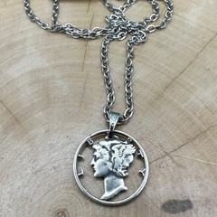 Antique U.S. Silver Mercury Dime Hand Cut Coin Necklace Pendant 18″ NEW