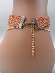 Layered Faux Leather Choker Braided Vinyl Dog Collar Necklace Brown Brass Chain