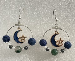 Handmade Beaded Earrings One Of A Kind Moon And Star Blue Green Sterling Hoops