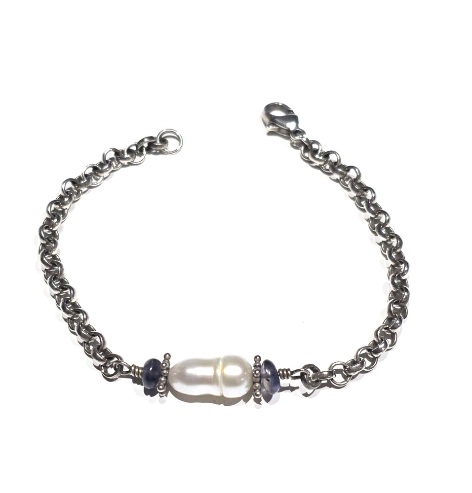 Sterling Silver Freshwater Pearl Bracelet Amethyst Beads Rolo Chain 6.24g…