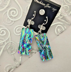 Fused Handcrafted Magenta, Blue, Green, Gold Dichroic Glass Dangle Earrings