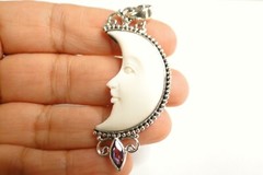 Carved Crescent Half Moon Amethyst 925 Sterling Silver Pendant