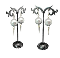 Large White Faux Pearl and Silver Stiletto Spike Earrings