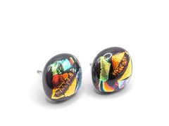 Handcrafted Black Multicolor Dichroic Glass Stud Earrings – Cabochon Square 15mm