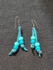 Silver Tone Turquoise Blue Pony Bead and Suede Tassel Statement Earrings