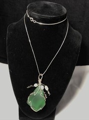 Unique Green Sea Glass Real Pearl Pendant On 18k White Gold Plated Chain 22″