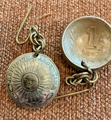 20mm SOL ARGENTINA 1 PESO SUN FACE COIN DOME DANGLE EARRINGS GOLD/BRASS-TONE