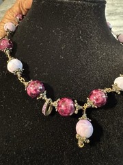 Artisan Purple Lavender Art Glass Bead Necklace Antiqued Brass Statement Jewelry