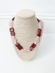 NWT Genuine Maroon Jade, Rose Quartz & Pearls Necklace Carved Flowers Pink White