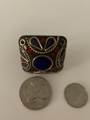 Tibetan Style Artisan Mosaic Resizable Ring Natural Lapis Lazuli, Coral