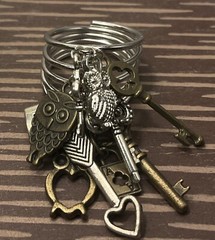 Skeleton Key And Owls Mixed Metal Dangle Charm Steampunk Ring
