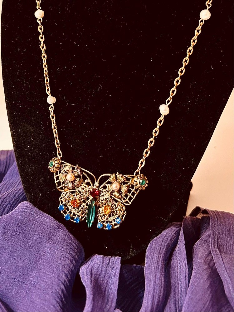 Boho Czech Filigree Pendant Brooch • Freshwater Pearl Necklace • Vintage Bohemia