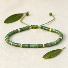 Natural Nephrite Jade Heishi Beaded Adjustable Bracelet Green Gold Tone Gife