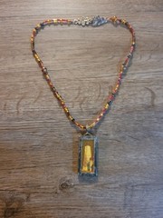 Vintage Artisan Made DBL Sided Beaded Pendant Necklace Lighthouse Ocean Beach