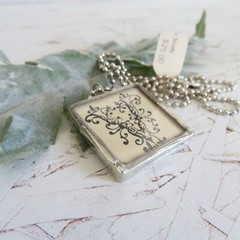 Vtg Y2K Handmade Soldered Glass Charm Necklace Letter V Music Notes Shabby Chic