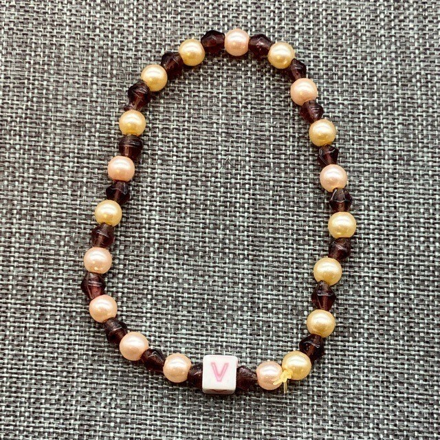 Handmade Beaded Bracelet 6 In Letter V Dark Pink Gold Pearls Brown Retro Glam
