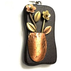 Handcrafted Metal Floral Charm Pendant – Copper Vase & Flowers on Black Pendant
