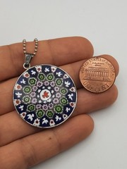 Sterling Silver Venetian Glass Pendant Necklace Millefiori Disc 23.5″ Ball Chain