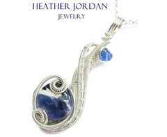 Elegant Sodalite Pendant: Sterling Silver Wire Wrap w Swarovski Crystal Accent