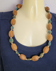 Chunky Wood Blue Green Brown Ceramic Bead Necklace Boho Hippie 24″