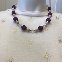 Handmade Necklace Purple and White Magnesite Stone with Clear Glass Silver Tone