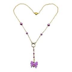 Handmade Necklace Gold Toned Purple Faux Pearl Bow Lariat Heart Y-Shape