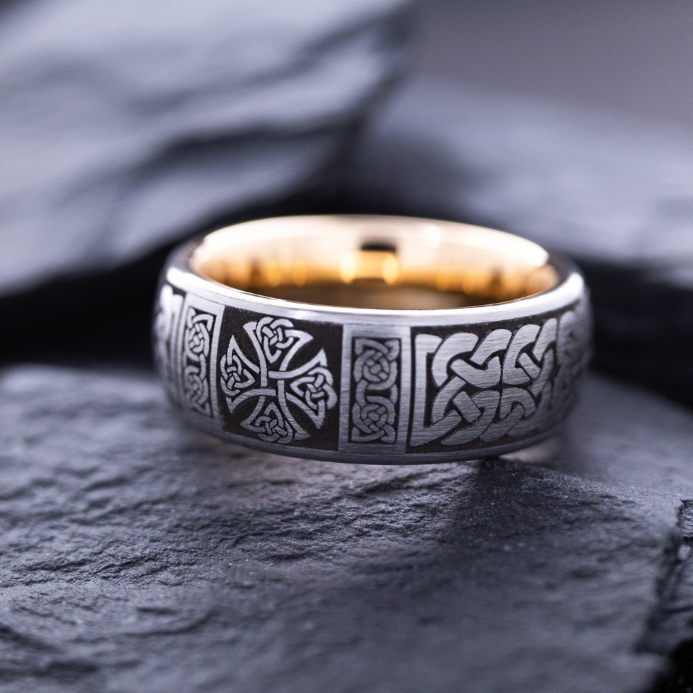 8mm Tungsten Carbide Ring with Celtic Cross and Rose Gold Plating