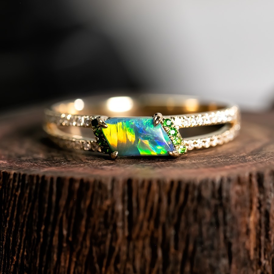 Black Opal Split Shank Engagement Ring with Diamond 14K Yellow Gold