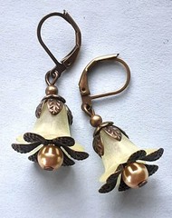 LEMON FLOWER Acrylic YELLOW Glass pearl earring BRONZE LEVER BACK #ACTA