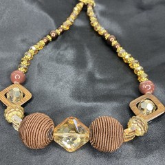 Brown and Gold Beaded Statement Necklace 18″ Various Types Of Beads/ 2 Glow