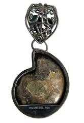 Sterling Silver Ammonite Fossil & Turquoise Gemstone Pendant Inlay New Signd 925