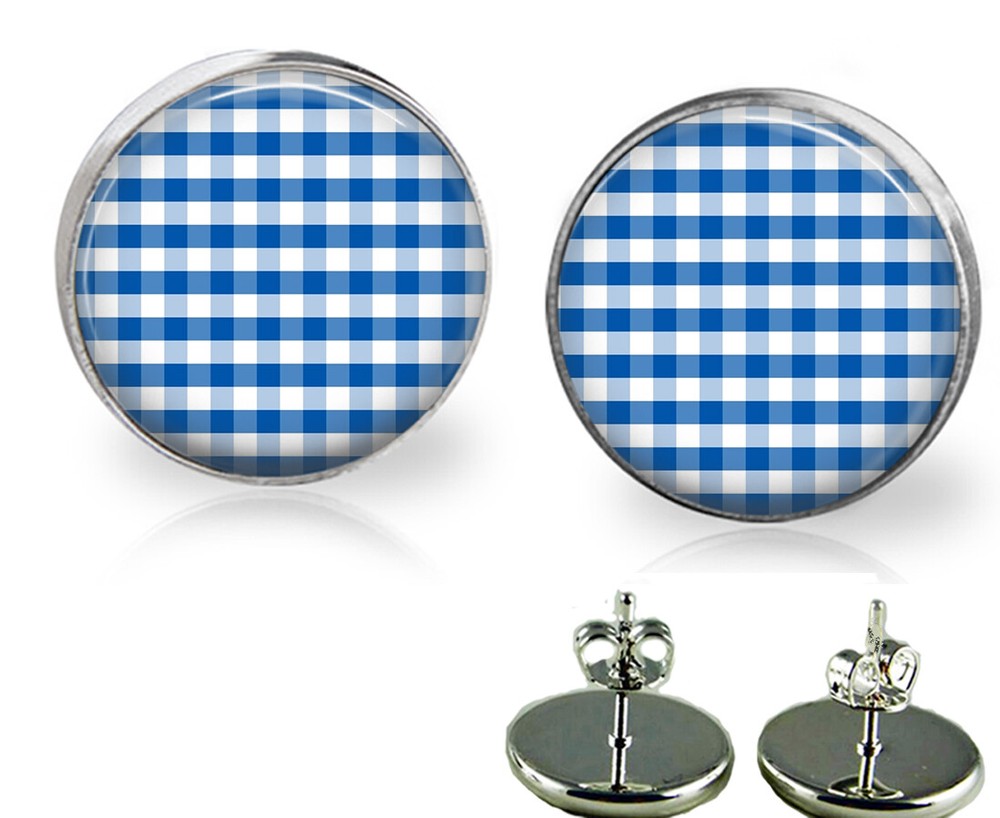 Blue & White Gingham Print Glass Top Stud Earrings In 2 Sizes Handmade