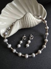 Natural Gray Freshwater Pearl Necklace Silver&Gold Rings 40cm + Earrings Gift