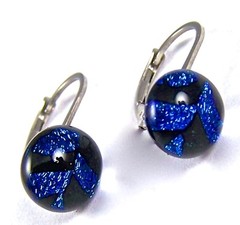 DICHROIC Glass Earrings Blue Cobalt Black Chevron Eurowire Lever Dangle 1/4″ 7mm
