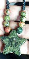 Serpentine Stone Star hand braided adjustable Necklace with Unakite beads.