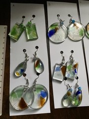 3 Pairs Resin Multicolor Beach Glass Silver Plated Dangle Lobe Earrings w Beads