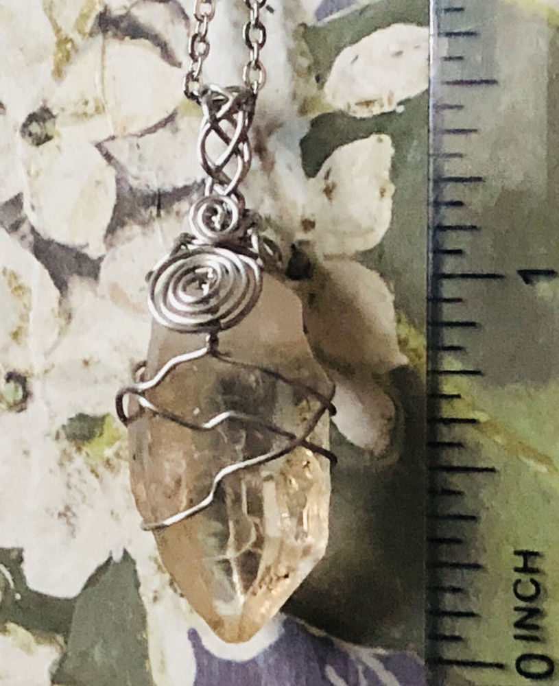 Natural super fenster quartz crystal point wire wrapped pendant necklace