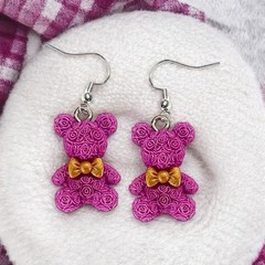 Cute Kawaii Magenta Bright Pink Rose Petal Teddy Bear with Gold Bow Earrings
