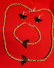 Artisan Wood Heishi Bead, Navajo Fetish Birds, 28″ Necklace-Earrings-Bracelet