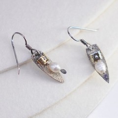 Vintage GLV two tone Sterling 925 silver handmade earrings w/ freshwater pearl