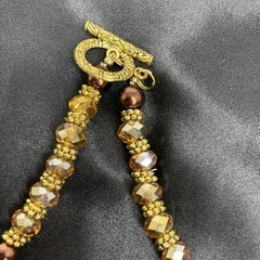 Brown and Gold Beaded Statement Necklace 18″ Various Types Of Beads/ 2 Glow