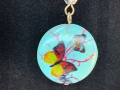 HANDCRAFTED BUTTERFLY PATTERN CYAN COLORED ROUND DROP EARRING Light Blue Color