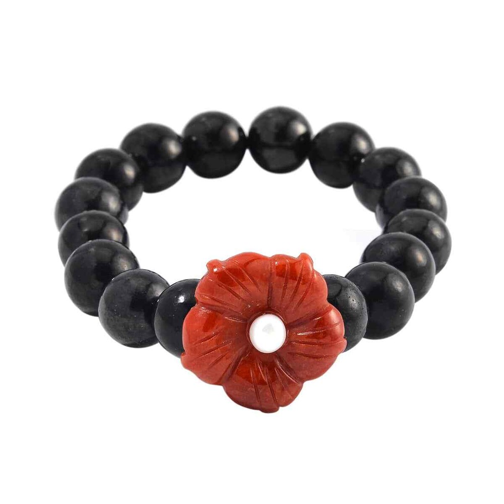 GORGEOUS!! 110.00ctw Shungite, Red Jade, Freshwater Pearl 7″ Stretch Bracelet