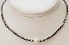 Dainty Hematite Glass Beads Faux Pearl Choker Necklace 13″ to 15″ L
