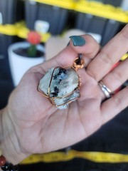 Handcrafted Copper Wrapped Black And White Moonstone Pendant Necklace
