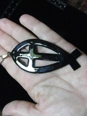 REVERSIBLE BROWN ARTISAN ORIGINAL ENAMEL FISH CROSS NECKLACE PENDANT N9