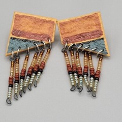 Handcrafted Beaded Dangle Post Earrings Painted With Geometric Design 2.5″