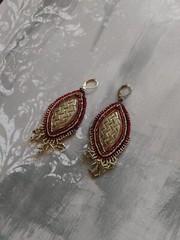 Vintage artisan earrings bead embroidery on leather silver fringe red black